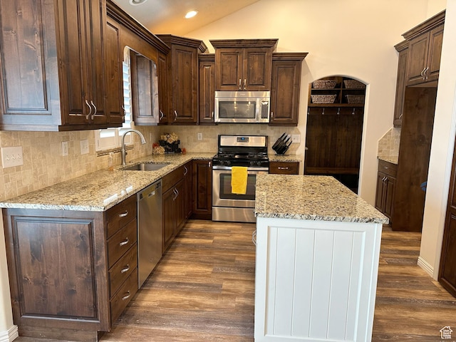 kitchen featuring appliances with stainless steel finishes, a sink, dark brown cabinetry, dark wood finished floors, and lofted ceiling