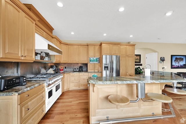 857 E 3250 N, North Ogden, UT 84414 - kitchen featuring stainless steel appliances, light brown cabinetry, a kitchen breakfast bar, light wood-type flooring, and under cabinet range hood