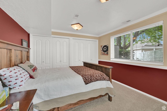 857 E 3250 N, North Ogden, UT 84414 - bedroom featuring two closets, carpet floors, baseboards, and crown molding