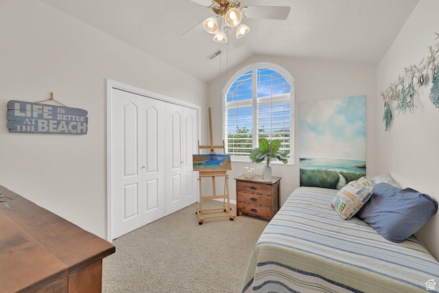 857 E 3250 N, North Ogden, UT 84414 - carpeted bedroom featuring lofted ceiling, a closet, and a ceiling fan