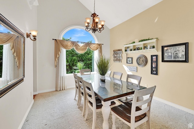 857 E 3250 N, North Ogden, UT 84414 - dining room featuring carpet flooring, a chandelier, high vaulted ceiling, and baseboards