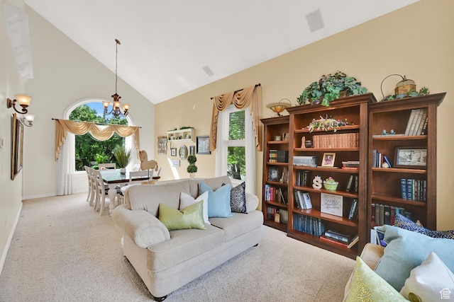 857 E 3250 N, North Ogden, UT 84414 - carpeted living room featuring a chandelier, high vaulted ceiling, and baseboards