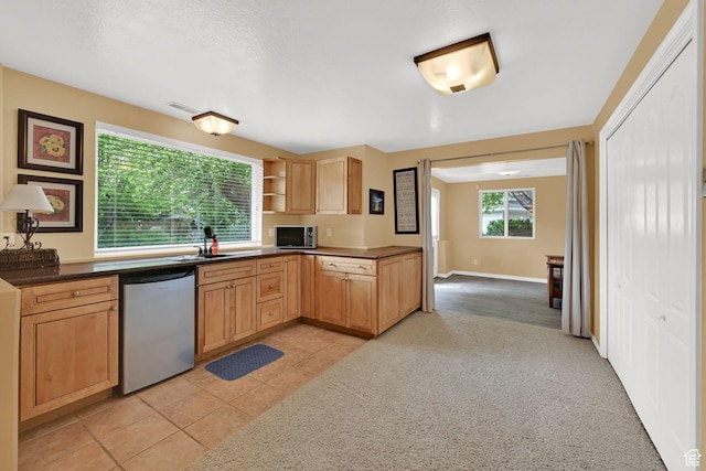 857 E 3250 N, North Ogden, UT 84414 - kitchen featuring dishwasher, stainless steel microwave, dark countertops, open shelves, and a sink