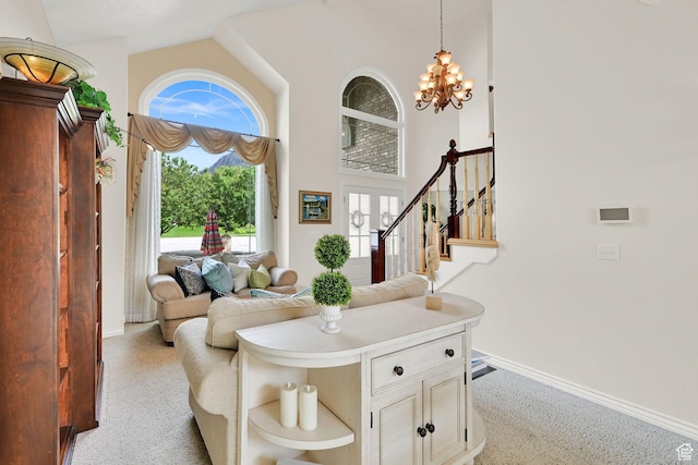 857 E 3250 N, North Ogden, UT 84414 - living area featuring carpet, baseboards, a chandelier, stairway, and high vaulted ceiling