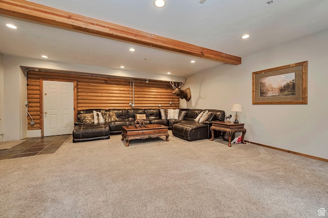 carpeted living room featuring recessed lighting, log walls, beam ceiling, and baseboards
