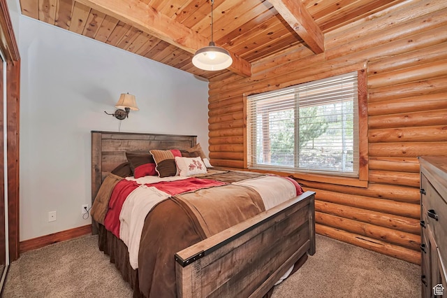 bedroom featuring light colored carpet, beam ceiling, wooden ceiling, baseboards, and log walls