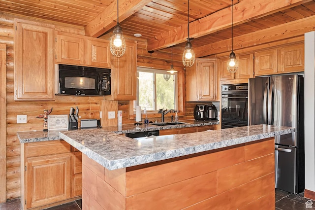 kitchen with black appliances, rustic walls, a sink, wooden ceiling, and beam ceiling