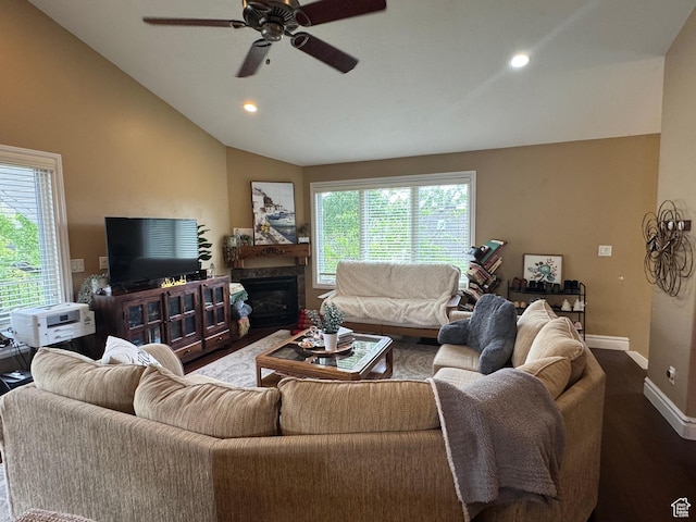 living room featuring lofted ceiling, dark wood-style flooring, ceiling fan, baseboards, and recessed lighting