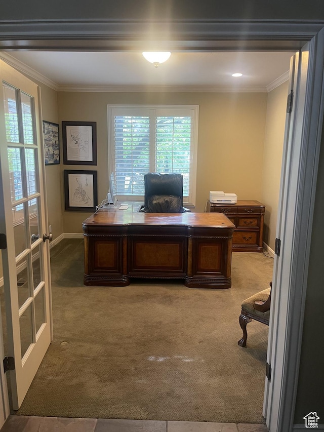carpeted office space with crown molding and baseboards