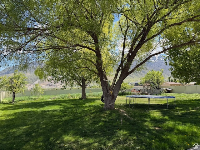 view of yard with a trampoline and a mountain view