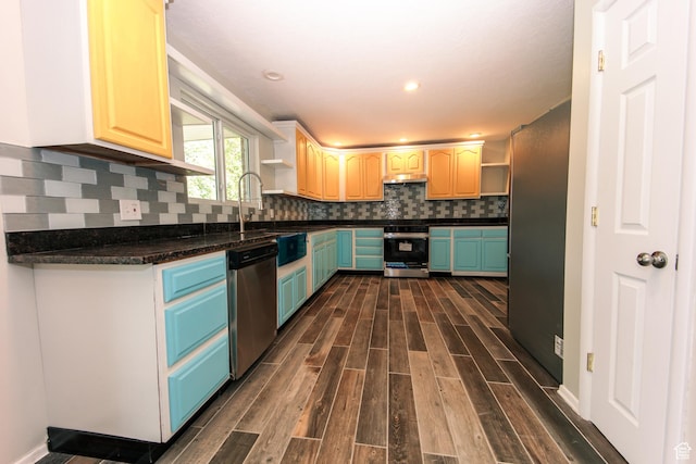 4872 S Burch Creek Dr, South Ogden, UT 84403 - kitchen with stainless steel dishwasher, stove, open shelves, dark wood-style floors, and recessed lighting