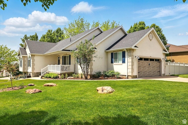ranch-style home with a garage, concrete driveway, a shingled roof, covered porch, and stucco siding