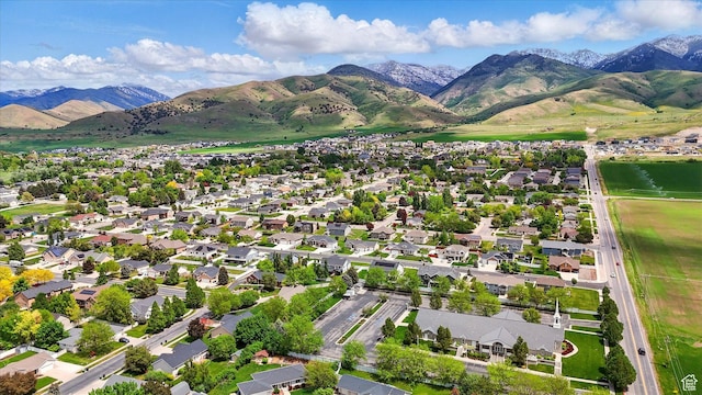 aerial perspective of suburban area with a mountain backdrop