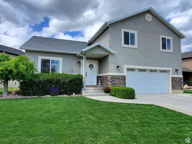 view of front of property featuring stone siding, stucco siding, concrete driveway, an attached garage, and a front lawn