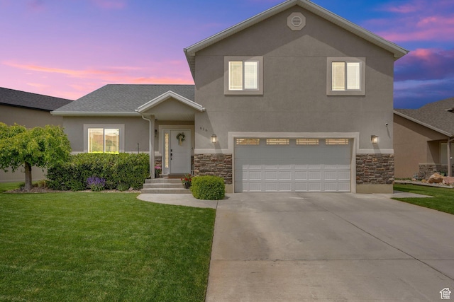 616 W Northlake Dr, Lehi, UT 84043 - view of front of home with stucco siding, stone siding, and a front yard