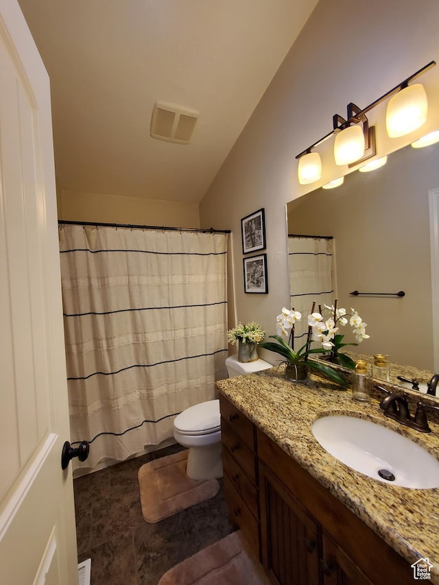 bathroom featuring toilet, vanity, lofted ceiling, and a shower with shower curtain
