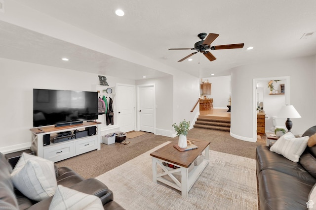 616 W Northlake Dr, Lehi, UT 84043 - living room with light carpet, recessed lighting, stairs, a ceiling fan, and baseboards