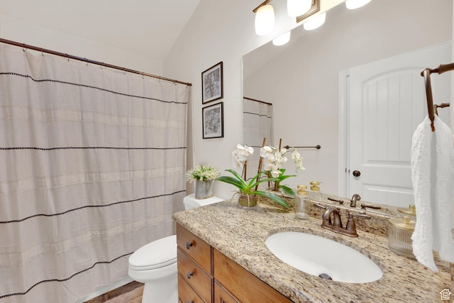 616 W Northlake Dr, Lehi, UT 84043 - bathroom featuring lofted ceiling, vanity, toilet, and a shower with curtain