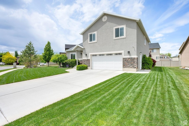 616 W Northlake Dr, Lehi, UT 84043 - view of front of home featuring an attached garage, stone siding, concrete driveway, and stucco siding