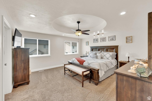 616 W Northlake Dr, Lehi, UT 84043 - bedroom featuring light carpet, recessed lighting, baseboards, a ceiling fan, and rail lighting