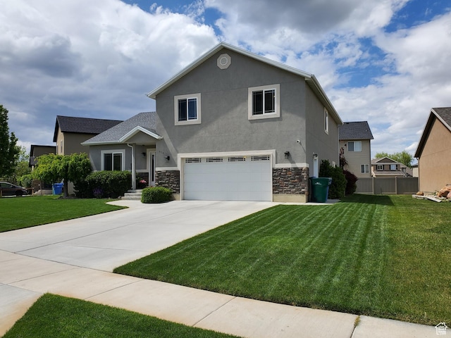 view of front of house with a garage, concrete driveway, stucco siding, and stone siding