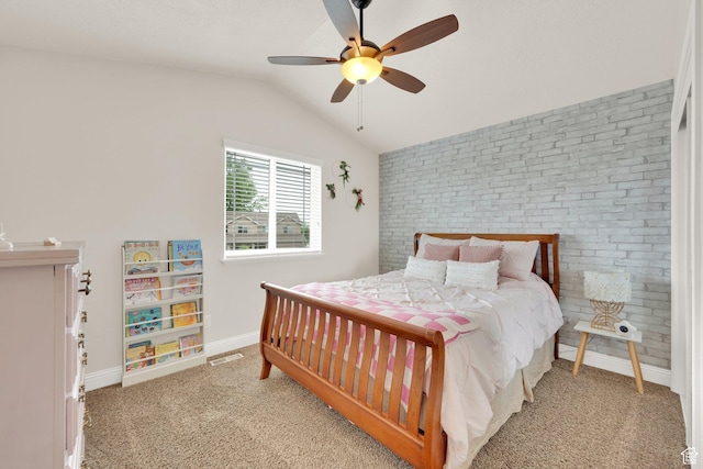 616 W Northlake Dr, Lehi, UT 84043 - carpeted bedroom featuring brick wall, baseboards, lofted ceiling, and a ceiling fan