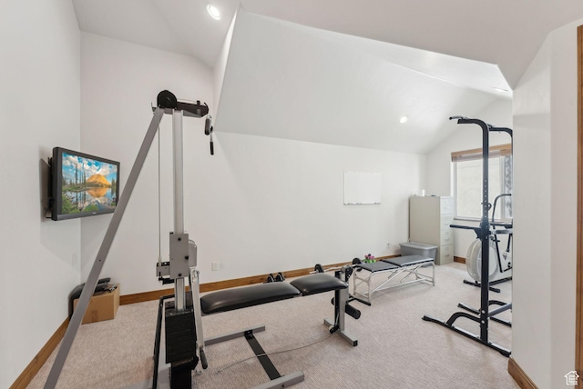 workout area with lofted ceiling, carpet, baseboards, and recessed lighting
