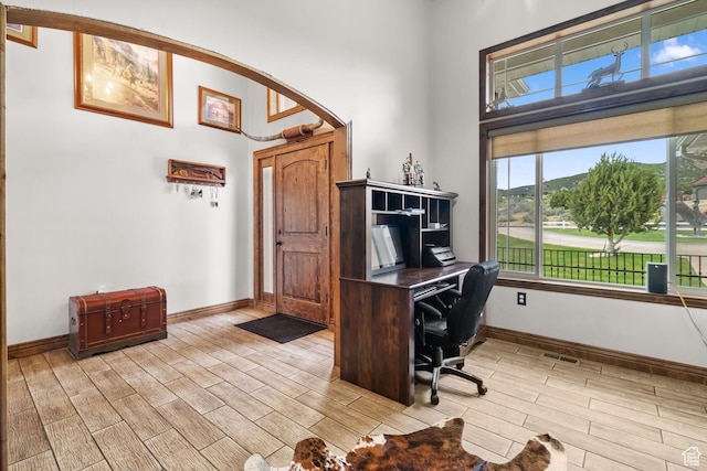 2521 W Ridgeline Rd, Stockton, UT 84071 - office space featuring wood finish floors, a towering ceiling, arched walkways, and baseboards