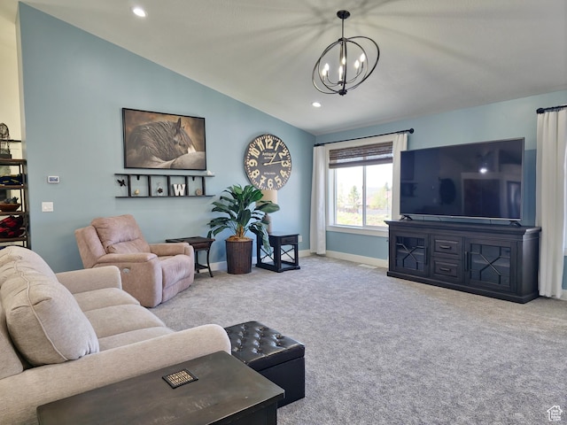 123 Red Hawk Ave, Evanston, WY 82930 - living area featuring a chandelier, carpet flooring, lofted ceiling, recessed lighting, and baseboards