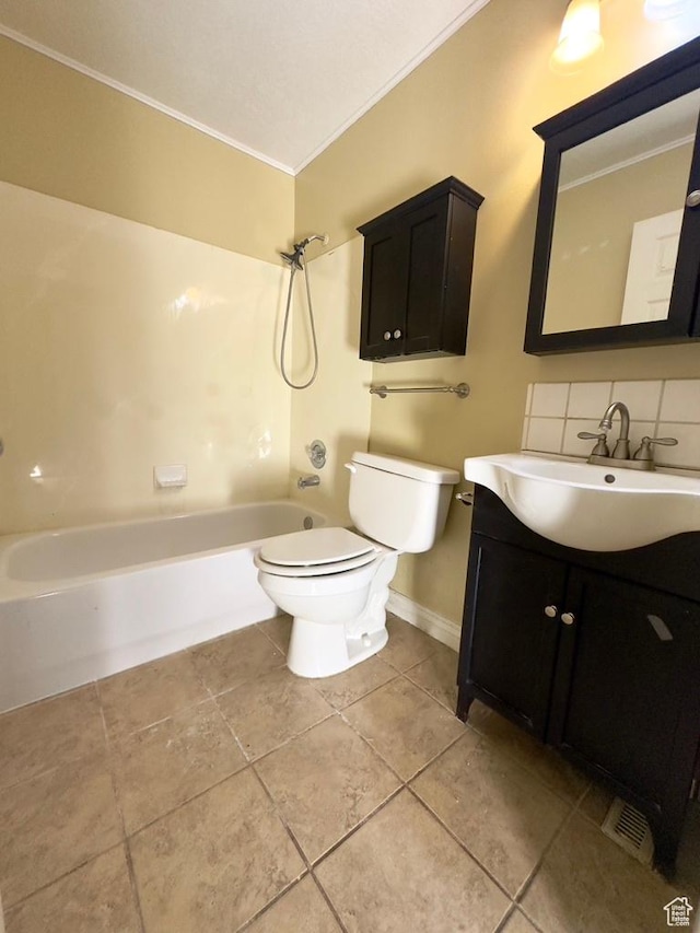 full bath with ornamental molding, toilet, tile patterned floors, shower / tub combination, and vanity