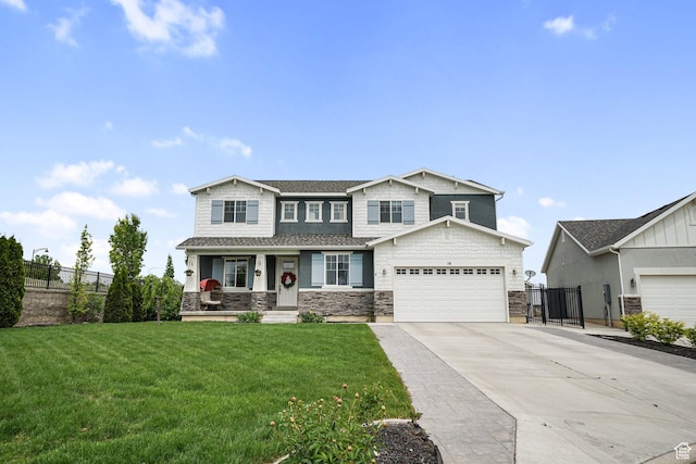 craftsman-style house featuring a porch, an attached garage, driveway, and stone siding