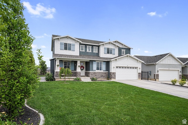 craftsman house featuring a porch, stone siding, concrete driveway, an attached garage, and a shingled roof