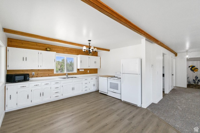 1665 S Kennedy Dr, Marysvale, UT 84750 - kitchen with white appliances, a chandelier, a sink, white cabinetry, and light wood-style floors