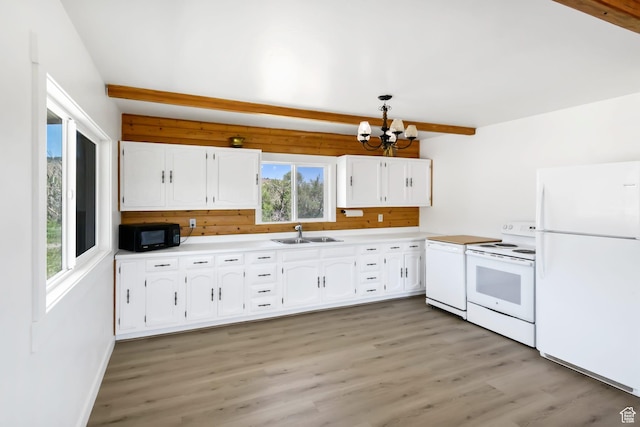 1665 S Kennedy Dr, Marysvale, UT 84750 - kitchen with white appliances, a sink, a chandelier, white cabinetry, and beam ceiling