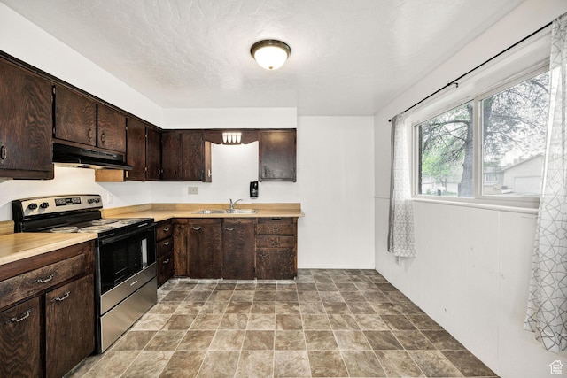 910 W 370 S, Logan, UT 84321 - kitchen with electric range, under cabinet range hood, a sink, light countertops, and dark brown cabinets