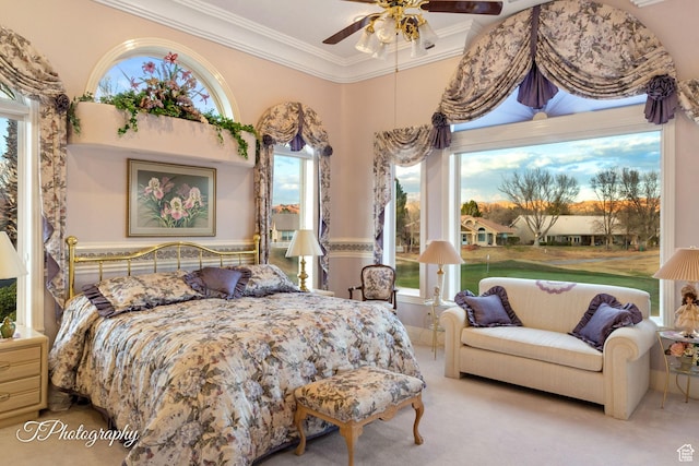 bedroom featuring crown molding, carpet flooring, multiple windows, and a ceiling fan