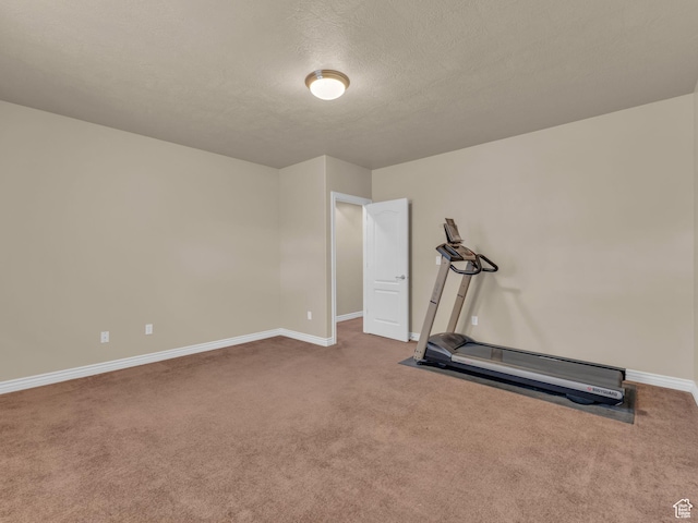 exercise area with carpet floors, baseboards, and a textured ceiling