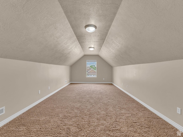 additional living space with a textured ceiling, baseboards, carpet floors, and lofted ceiling