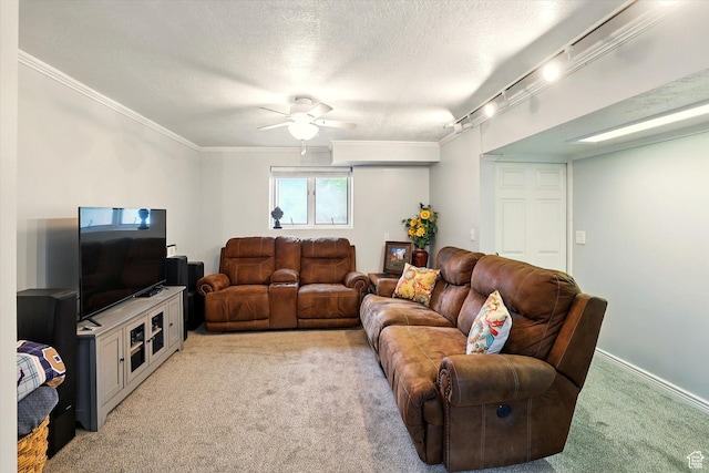 634 W 600 N, Brigham City, UT 84302 - living area featuring light colored carpet, crown molding, ceiling fan, a textured ceiling, and baseboards