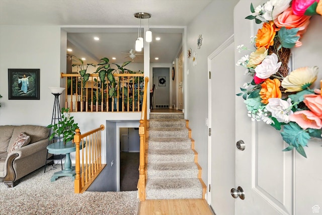 634 W 600 N, Brigham City, UT 84302 - stairs featuring a ceiling fan, recessed lighting, and wood finished floors