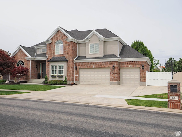 view of front of house featuring fence, stucco siding, driveway, roof with shingles, and brick siding
