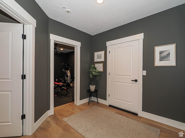 entrance foyer featuring light wood finished floors and baseboards