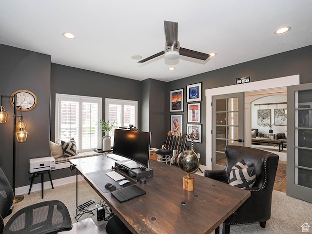office area featuring carpet flooring, french doors, ceiling fan, and recessed lighting
