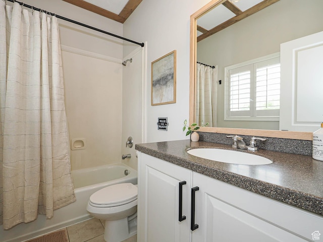 bathroom with shower / bathtub combination with curtain, vanity, tile patterned floors, and toilet