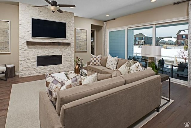 243 E Polaris Dr Unit 106, Saratoga Springs, UT 84045 - living area with a ceiling fan, a fireplace, wood finished floors, and recessed lighting