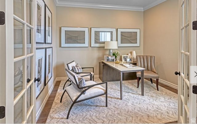 243 E Polaris Dr Unit 106, Saratoga Springs, UT 84045 - office featuring french doors, baseboards, wood finished floors, and crown molding