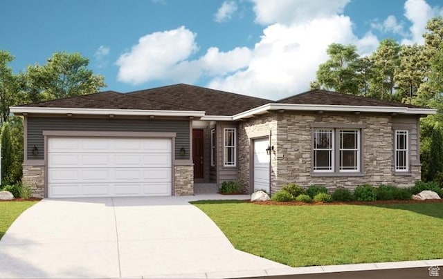 243 E Polaris Dr Unit 106, Saratoga Springs, UT 84045 - view of front facade featuring stone siding, a front lawn, concrete driveway, and an attached garage