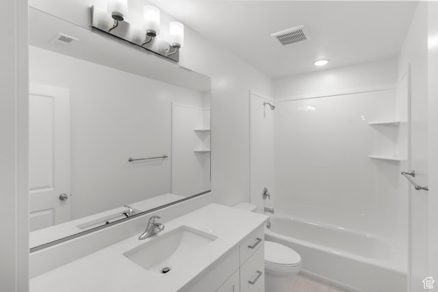 full bathroom with toilet, vanity, bathtub / shower combination, and tile patterned flooring