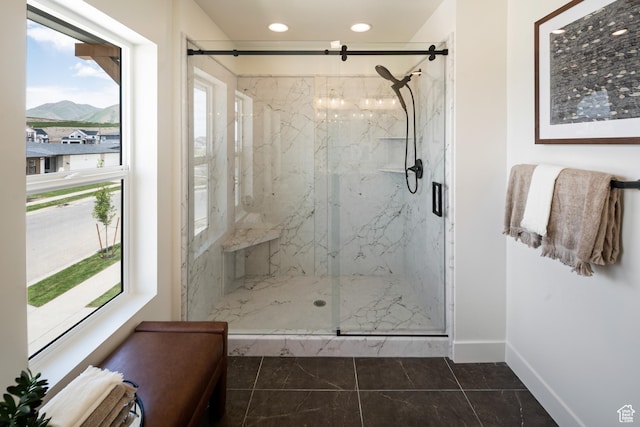 1015 W Sugar Maple Dr, Mapleton, UT 84664 - full bathroom featuring a mountain view, a marble finish shower, baseboards, and recessed lighting