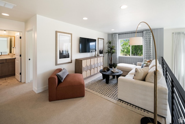 1015 W Sugar Maple Dr, Mapleton, UT 84664 - living room with light carpet, baseboards, and recessed lighting